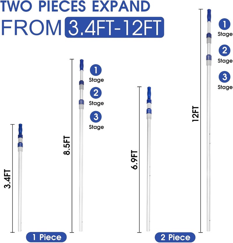 Poolvio 12 FT Telescopic Swimming Pool Pole - Adjustable 2 Piece Aluminum Pool Pole for Pool Cleaning Skimmer Nets Vacuum Heads & Brushes, Strong Grip & Lock - Image 5